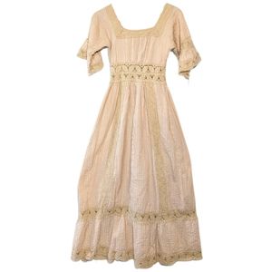 1970s Cream Crochet & Pintuck Cotton Mexican Wedding Dress - XS